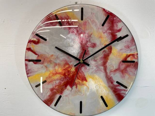 33cm Metallic Silver Maroon & Gold Abstract Modern Resin Wall Clock, Unusual Clock - image 1