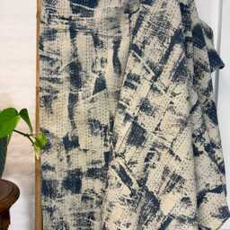 Kantha Stitch Patchwork Pure Cotton Reversible Bed Sofa Picnic Kids Room Throw Single Twin Dohar Floral Marble Chalk Navy Blue - thumbnail 2