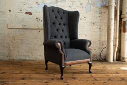 British Handmade Dark Grey Herringbone Wool High Back Wing Chair - thumbnail 1