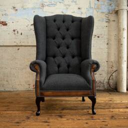 British Handmade Dark Grey Herringbone Wool High Back Wing Chair - thumbnail 3