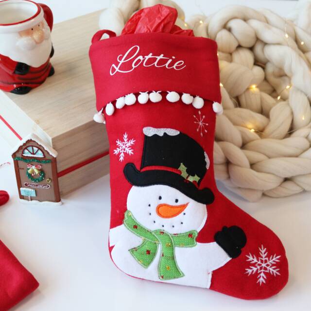 Personalised Red Felt Stocking With Pompoms - Plush Christmas Embroidered Snowman Or Reindeer Design White Vinyl Name - image 1
