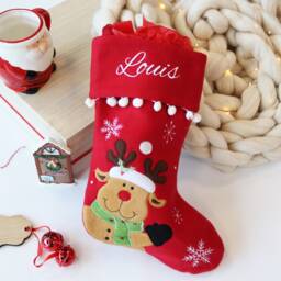 Personalised Red Felt Stocking With Pompoms - Plush Christmas Embroidered Snowman Or Reindeer Design White Vinyl Name - thumbnail 2