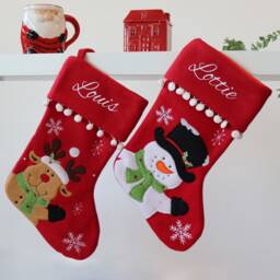 Personalised Red Felt Stocking With Pompoms - Plush Christmas Embroidered Snowman Or Reindeer Design White Vinyl Name - thumbnail 3