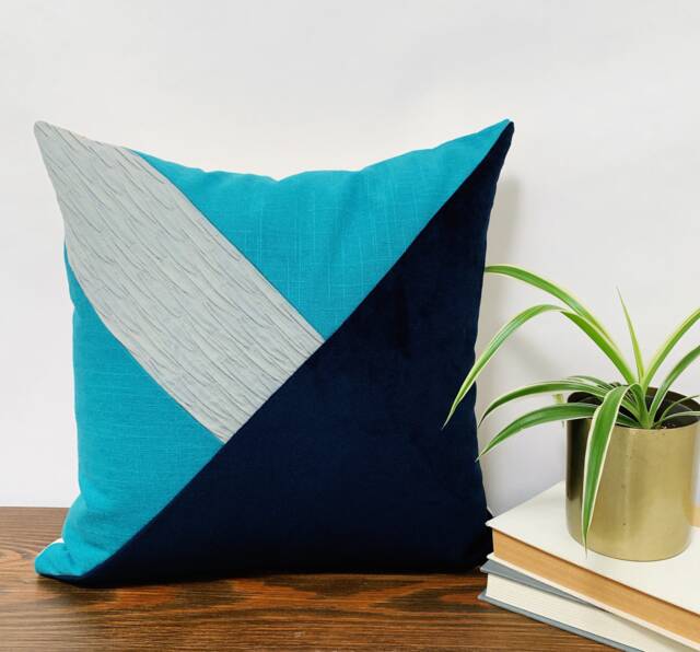 Blue Color Block Pillow Cover, Linen Velvet, Handmade Cushion - image 1