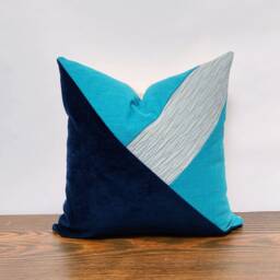 Blue Color Block Pillow Cover, Linen Velvet, Handmade Cushion - thumbnail 2