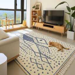 Blue Moroccan Wool Rug Handwoven Abstract Berber Carpet - thumbnail 2