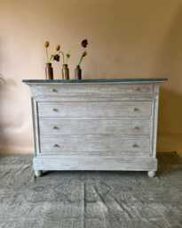 Whitewashed Mango Wood Chest Of Drawers With Dark Green Marble Top