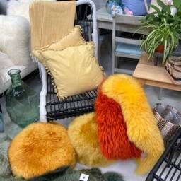 Orange Sheepskin Rug , Gold Pouffe & Set . Gold Sheepskin, Genuine Xl Rug, Footstool - thumbnail 2