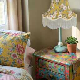 Mustard Floral Lampshade With Cream Fringe Handmade For Ceiling Pendants Shades, Table & Floor Standard Lamp Wall Lights - thumbnail 2