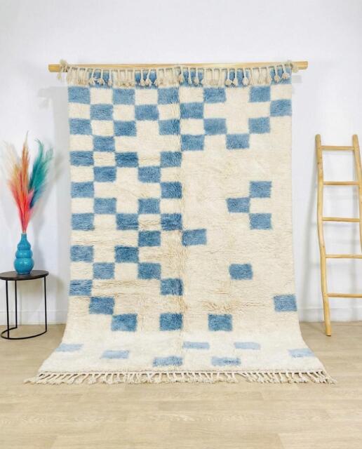 Blue Checkered Rug, Moroccan Berber Large Area Shag Indigo Checkerboard Carpet, Modern Abstract Wool Rug - image 1