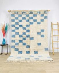Blue Checkered Rug, Moroccan Berber Large Area Shag Indigo Checkerboard Carpet, Modern Abstract Wool Rug - thumbnail 1