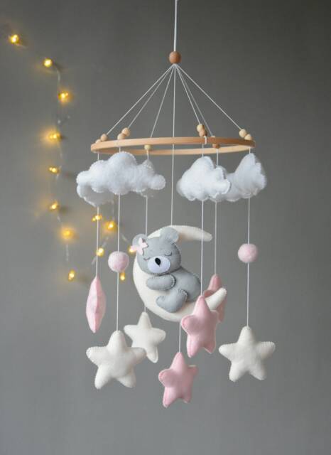 Pink Baby Girl Mobile Gray Sleeping Bear Nursery Felt Moon & Star Crib Handmade Shower Gift - image 1