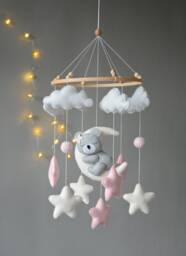 Pink Baby Girl Mobile Gray Sleeping Bear Nursery Felt Moon & Star Crib Handmade Shower Gift - thumbnail 1