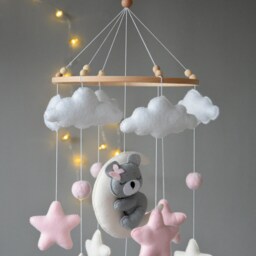 Pink Baby Girl Mobile Gray Sleeping Bear Nursery Felt Moon & Star Crib Handmade Shower Gift - thumbnail 3