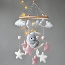 Pink Baby Girl Mobile Gray Sleeping Bear Nursery Felt Moon & Star Crib Handmade Shower Gift - thumbnail 2