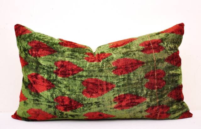 Handmade Silk Velvet Ikat Pillow Cover, Sea Green & Red - image 1