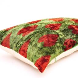 Handmade Silk Velvet Ikat Pillow Cover, Sea Green & Red - thumbnail 3