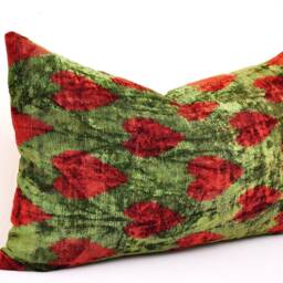 Handmade Silk Velvet Ikat Pillow Cover, Sea Green & Red - thumbnail 2