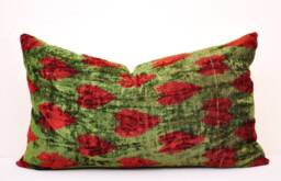 Handmade Silk Velvet Ikat Pillow Cover, Sea Green & Red - thumbnail 1