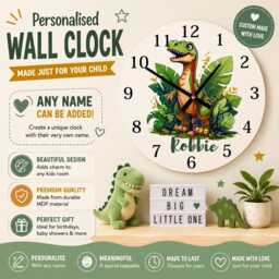 Personalized Dinosaur Clock Kids Nursery Decor, Silent Mdf Clock