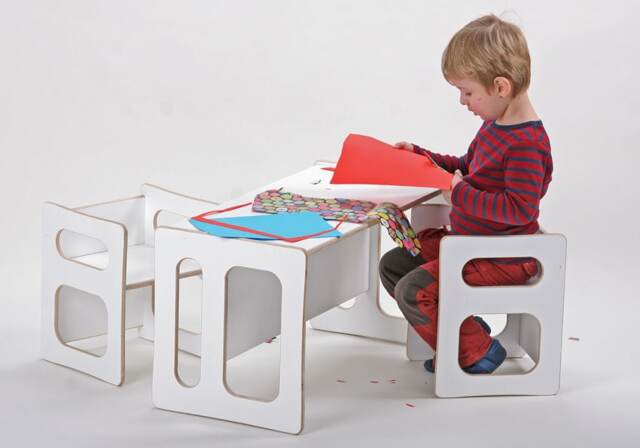 Play Table Tim & Two Play Chairs Charlie in White Lacquered, For The Modern Children's Room, Toddler, Wood - image 1