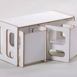 Play Table Tim & Two Play Chairs Charlie in White Lacquered, For The Modern Children's Room, Toddler, Wood - thumbnail 3