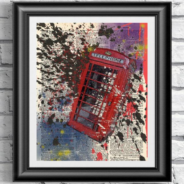 Red Phone Box Art Print Vintage Dictionary Page Wall - image 1