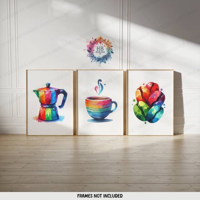 Colourful Kitchen Dining Prints - Set Of 3 Pictures - Watercolor Posters Coffee Lover Wall Art Home Decor Room Print - image 1