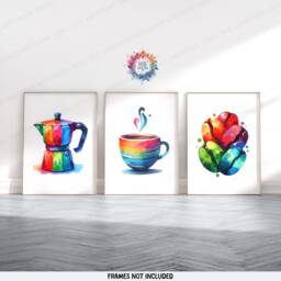 Colourful Kitchen Dining Prints - Set Of 3 Pictures - Watercolor Posters Coffee Lover Wall Art Home Decor Room Print - thumbnail 2
