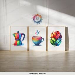 Colourful Kitchen Dining Prints - Set Of 3 Pictures - Watercolor Posters Coffee Lover Wall Art Home Decor Room Print - thumbnail 1