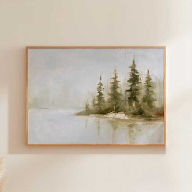 Forest Lake Poster, Green Landscape Wall Art, Water Reflection Print - image 1