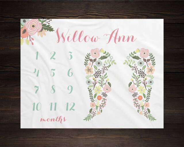 Angel Baby Milestone Blanket, Monthly Growth Tracker, Personalized Custom Shower Gift, New Floral - image 1