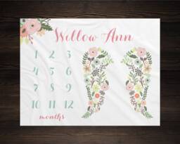 Angel Baby Milestone Blanket, Monthly Growth Tracker, Personalized Custom Shower Gift, New Floral - thumbnail 1