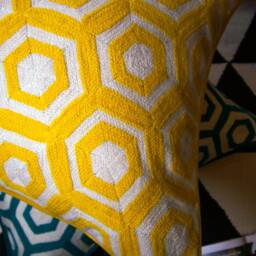 Hand Embroidered Wool Cushion, Teal Geometric Pillow Cover, Velvet Back - thumbnail 4