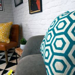 Hand Embroidered Wool Cushion, Teal Geometric Pillow Cover, Velvet Back - thumbnail 3