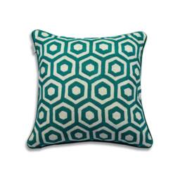 Hand Embroidered Wool Cushion, Teal Geometric Pillow Cover, Velvet Back