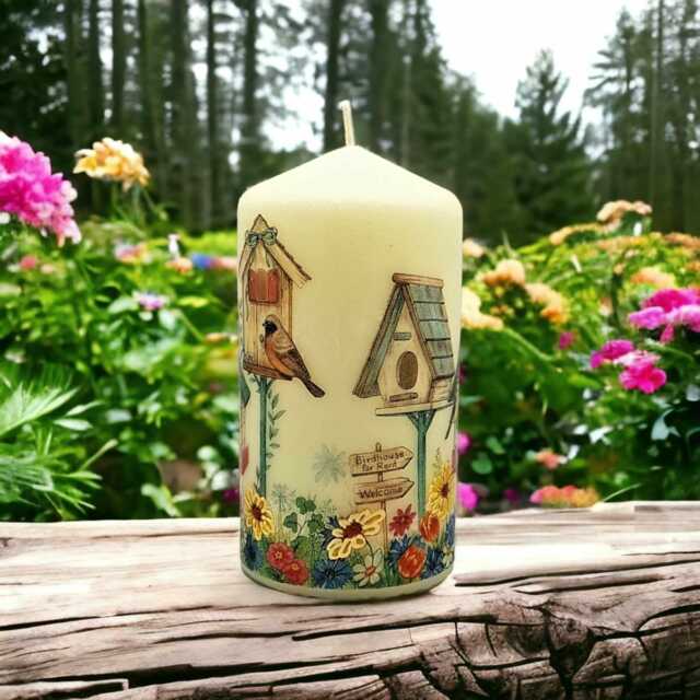 Hand-Decorated Wax Pillar Candle Birdhouse Floral Lawn Design - image 1