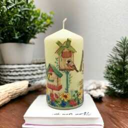 Hand-Decorated Wax Pillar Candle Birdhouse Floral Lawn Design - thumbnail 4