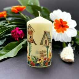 Hand-Decorated Wax Pillar Candle Birdhouse Floral Lawn Design - thumbnail 3