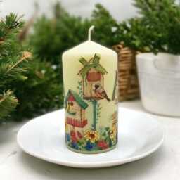 Hand-Decorated Wax Pillar Candle Birdhouse Floral Lawn Design - thumbnail 2