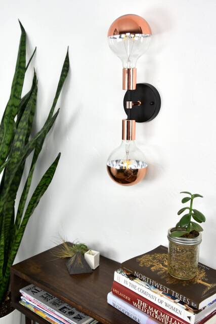 Led Custom Two Light Wall Lamp - Vanity Fixture Black Rose Gold Or Finish Copper Dipped Globe Bulbs - image 1
