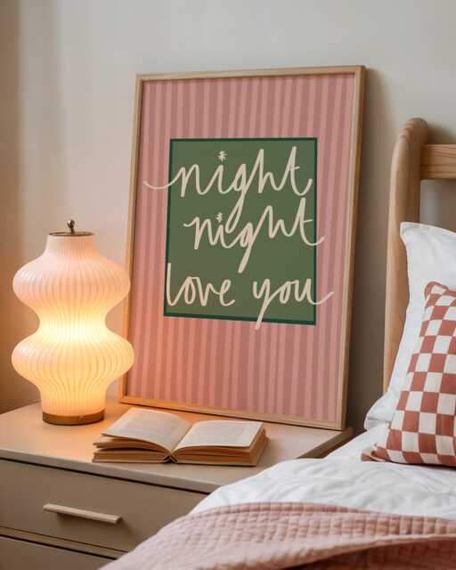 Night Love You Gicl??e Print, Striped Bedroom, Pink & Green Wall Art, Coloured Frames - image 1