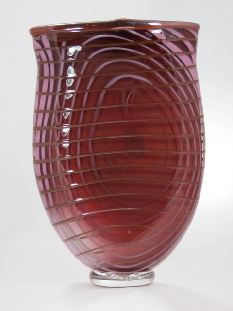 Handblown Red-Brown Glass Vase With Lavender Spirals & Iridescent Lip - image 1