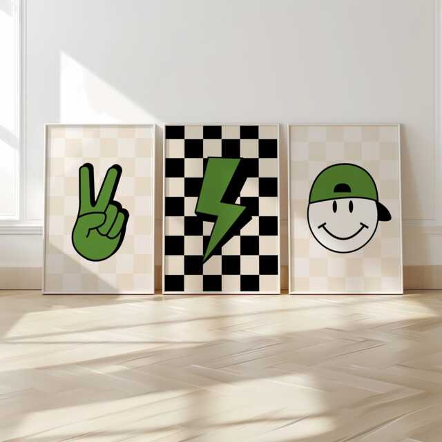 Retro Style, Teen Prints, Set Of 3, Boys Bedroom Colourful Kids Decor, Cool Print, Checkerboard - image 1