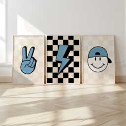 Retro Style, Teen Prints, Set Of 3, Boys Bedroom Colourful Kids Decor, Cool Print, Checkerboard - thumbnail 3