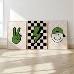 Retro Style, Teen Prints, Set Of 3, Boys Bedroom Colourful Kids Decor, Cool Print, Checkerboard - thumbnail 1