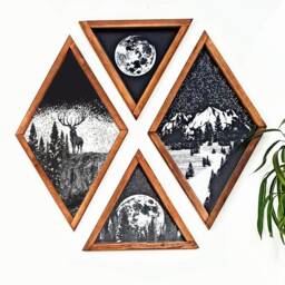 Reclaimed Wood Wall Art - Rustic Mountain Forest Moon Deer Set Wooden Decor - thumbnail 2