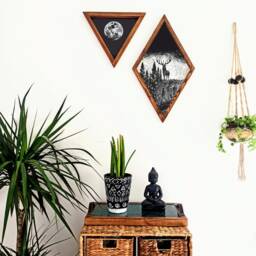 Reclaimed Wood Wall Art - Rustic Mountain Forest Moon Deer Set Wooden Decor - thumbnail 3
