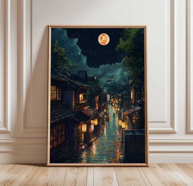 Tokyo Night Street Art Print, Rainy Decor, Full Moon Poster, Japanese Cityscape, Urban Art, Scene - image 1