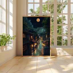 Tokyo Night Street Art Print, Rainy Decor, Full Moon Poster, Japanese Cityscape, Urban Art, Scene - thumbnail 2